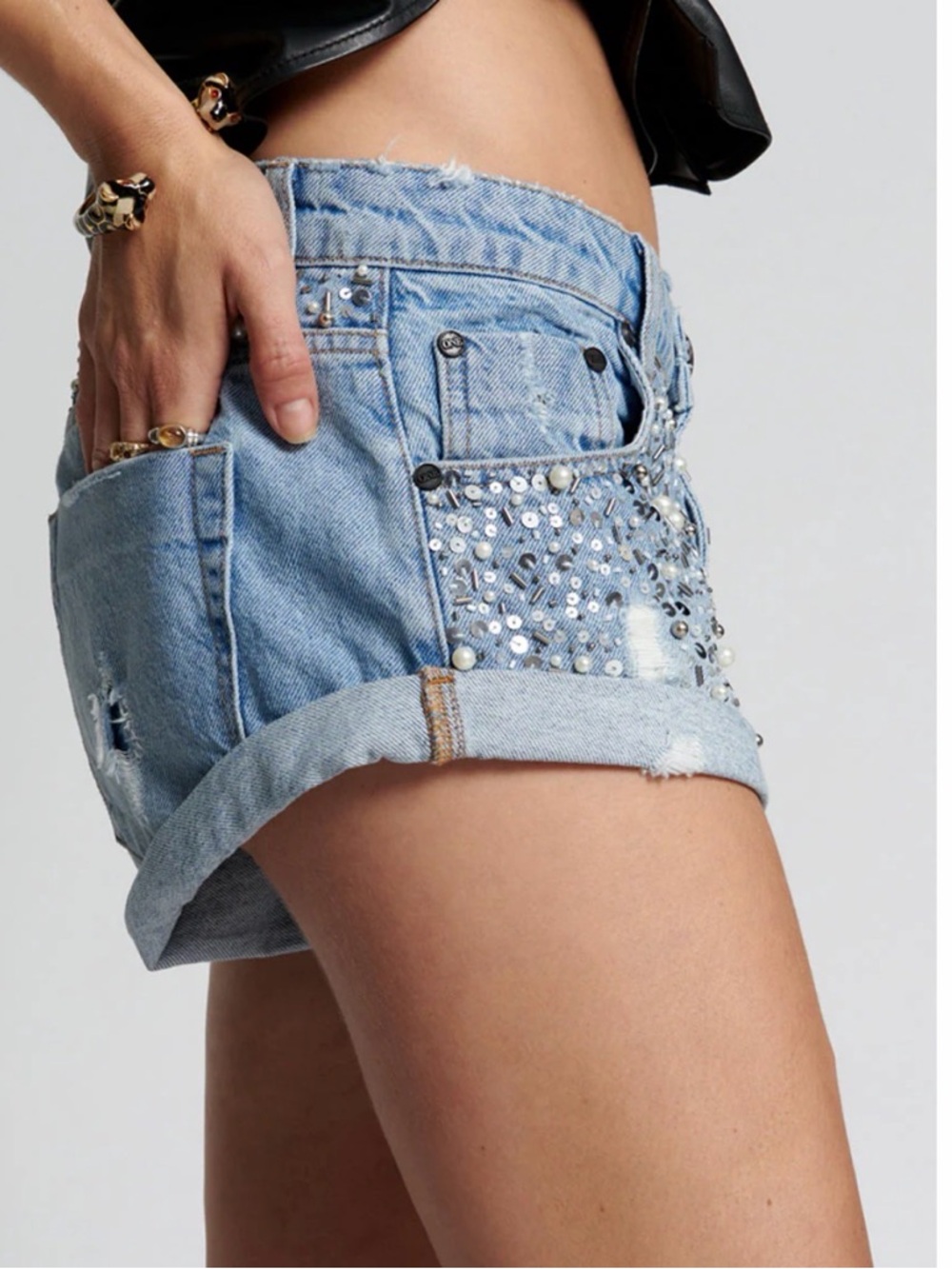 One Teaspoon Bandits Low Waist Hand-Beaded Denim Shorts - Vintage Blue - Picture 4 of 13